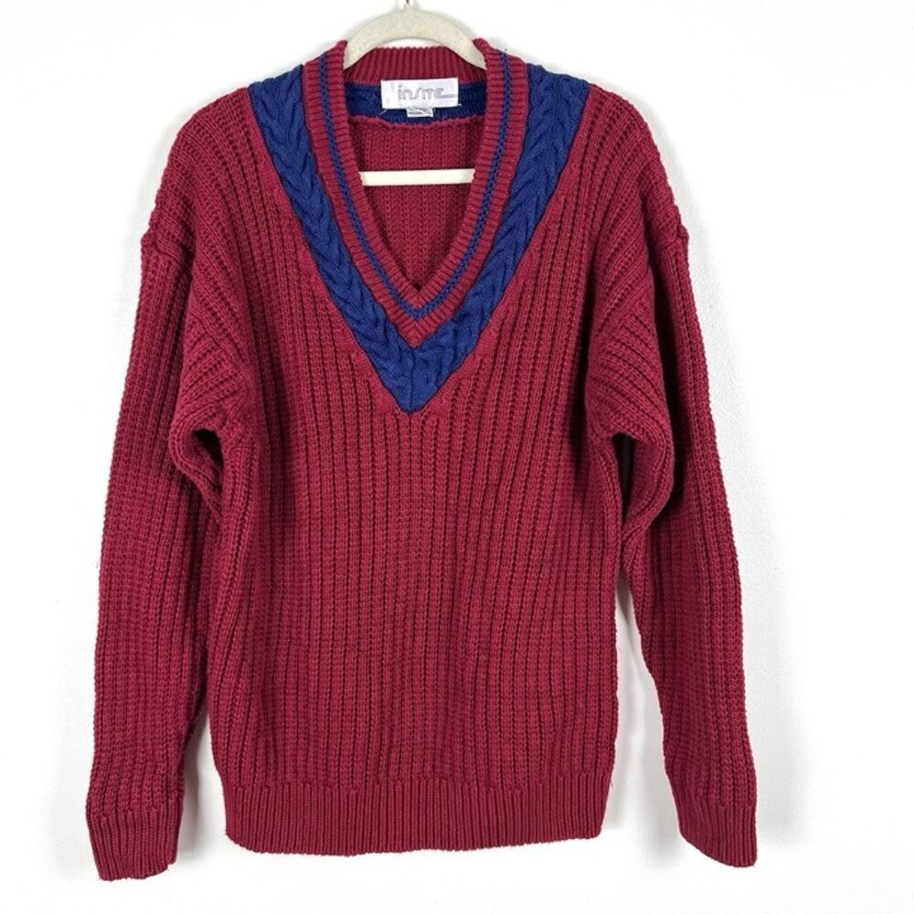 VTG Insite Chunky‎ Knit Sweater Mens L Red Tennis Striped V Neck Preppy Academia